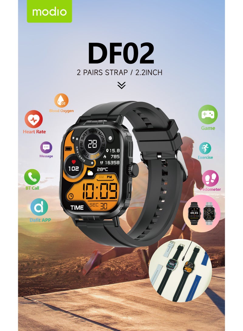 موديو ساعة موديو DF02 الذكية مزودة بخاصية الاتصال عبر البلوتوث، وشاشة عالية الدقة مقاس 2.2 بوصة، وحزامين، وكابل شحن، مصممة للرجال والنساء، لون فضي. - Image 2